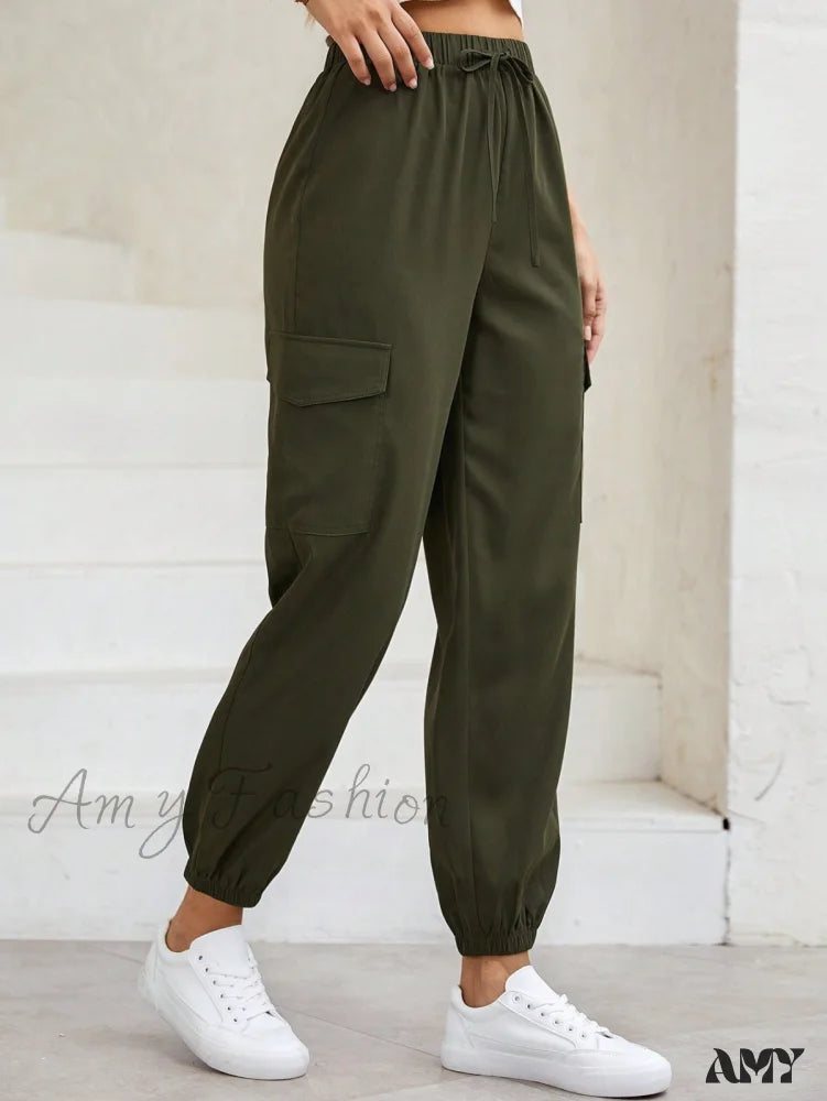 Cargo Pants with Zippered Pockets for Security -Amy Fashion - Flap Pocket Side Drawstring Waist Cargo Pants