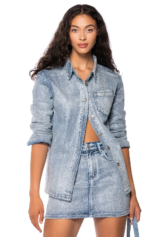 Tunic Blouses for Oversized -SHINE BRIGHT RHINESTONE EFFECT DENIM BUTTON DOWN SHIRT