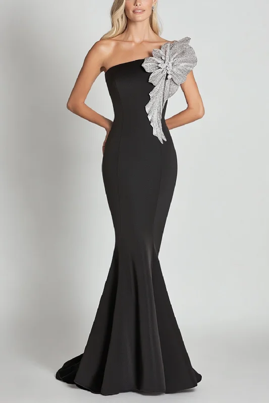 Faux Leather Dresses for Affordable -Black Mermaid One Shoulder with Sequin Flower Long Formal Dress