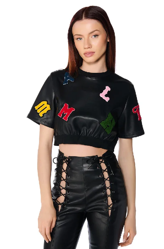 Heavy Duty Blouses for Durable -ABC FAUX LEATHER PATCHWORK T SHIRT