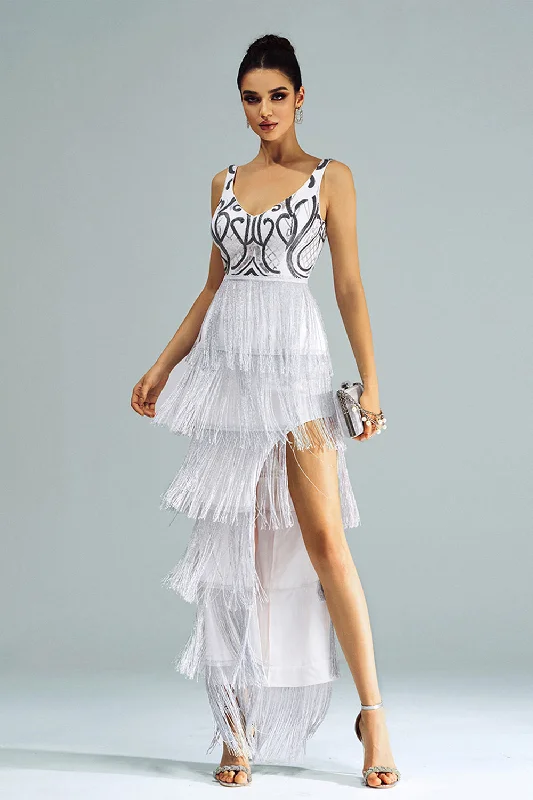 Contemporary Dresses for Fashion -White Sheath Long Prom Dress With Fringes