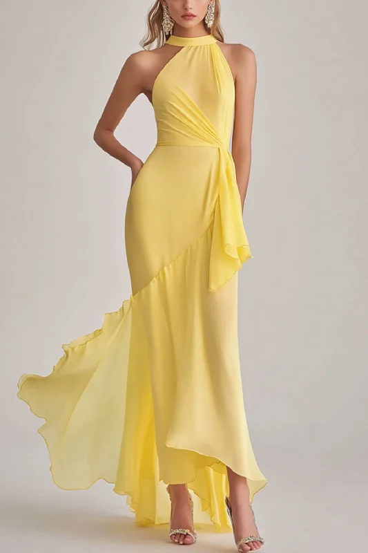 Pink Dresses for Feminine -Light Yellow Halter Neck Mermaid Chiffon Long Wedding Guest Dress