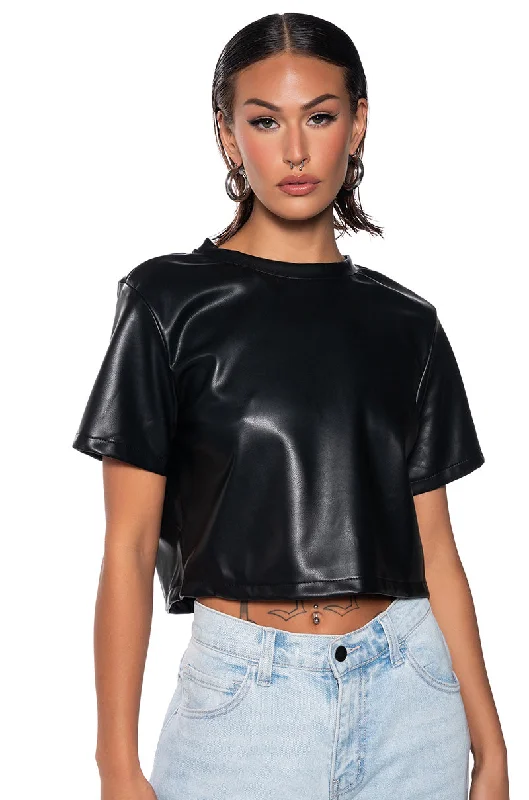 Short Sleeve Blouses for Summer -MY TYPE OPEN BACK FAUX LEATHER SHIRT